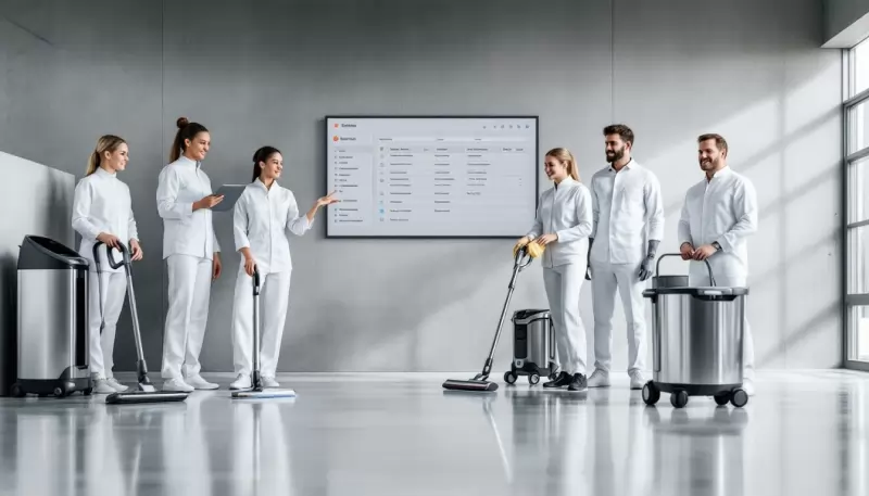 A professional cleaning team engaged in a commercial cleaning service.